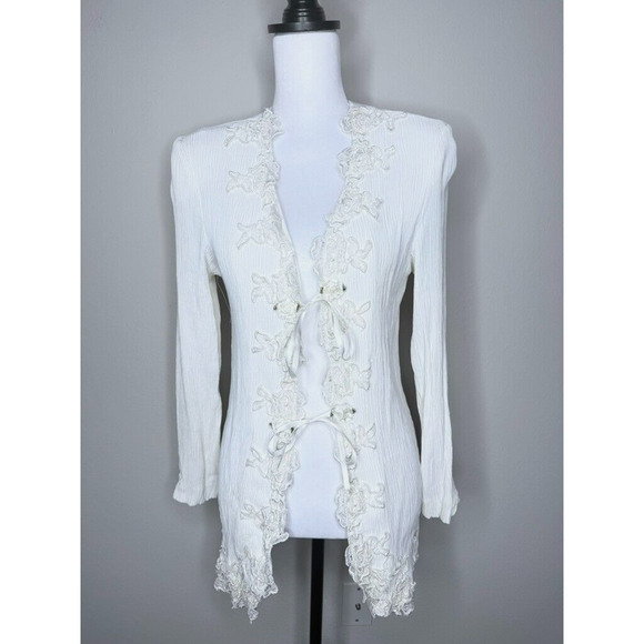 EXPO Vtg 90s Embroidered Flowers Open Tie Cardigan Lace Victorian Romantic Sz 14 - Picture 7 of 11